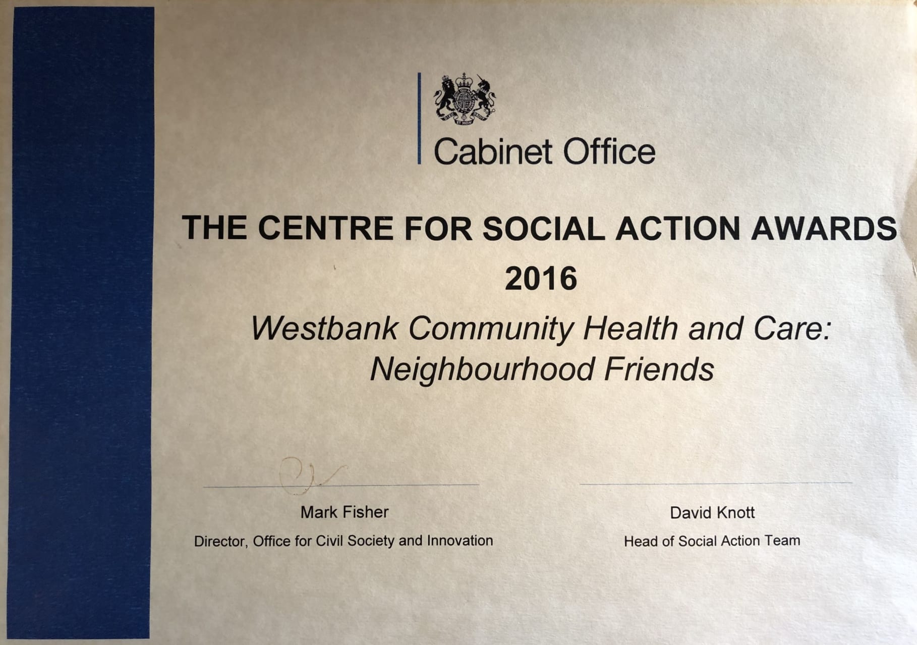 Image: Centre for social action award certificate
